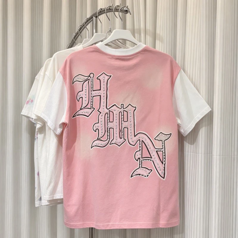 Pink White Patchwork Sleeves HARMONY Tshirts Hot Drill Letter Star Graffiti Print Short Sleeve Men Women Breathable Cotton Tops