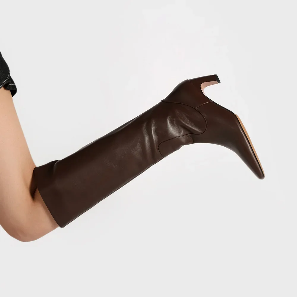 

Autumn Winter New Small Square Toe Large Tube High Boots First Layer Cowhide Knight Boot Spot White Long Boots Women's Stilettos