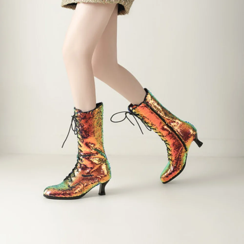 Blingbling Knight Boots 6CM Thin Heels Women Mid-calf Boots Luxury Gold Sequin Botas Mujer Big Size 35-43 Women Sexy Party Shoes 5