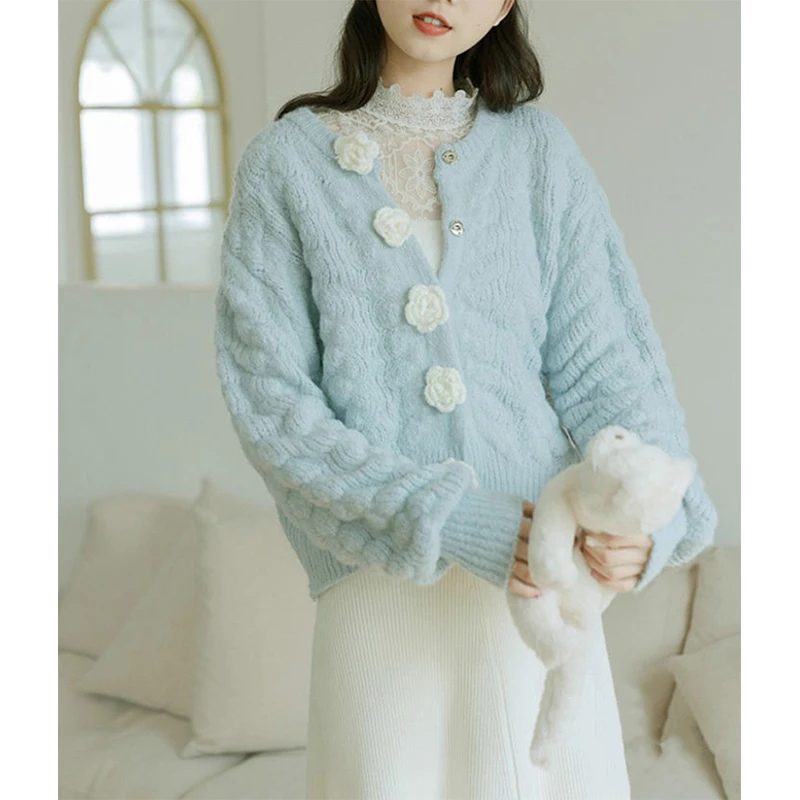 Harajuku Cropped Knitted Cardigan Women Flower Sweater Outerwear Korean Fashion Long Sleeve Knitwear Fall Winter Ladies Jumpers