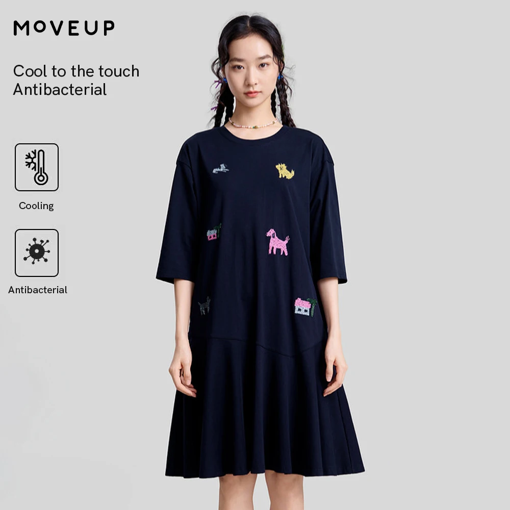 

MOVEUP Short sleeved A-line Dress 2026 Spring New Round Neck Embroidery Pocket Splicing Hem Casual Knitted Dress 3ELC11317