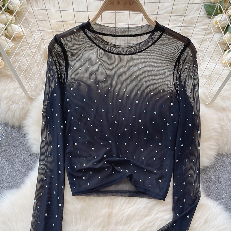 Women Chic Rhinestone Mesh Sheer Long Sleeve Crop Tops Slim Fit Sexy See Through T-shirts Fashion Party Nightclub T-shirt - view 3