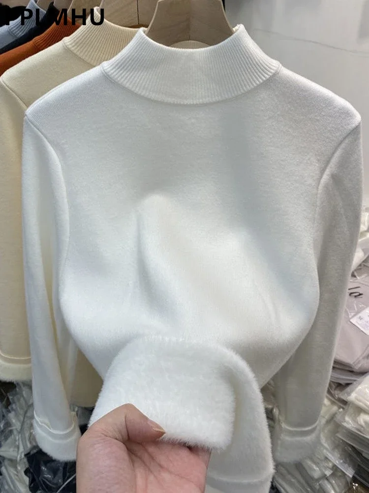 Half Turtleneck Knit Sweater Tops Winter Thicken Women's Big Stretch Pullover Warm Fleece Lined Slim Knitwear Jumper New Poleras