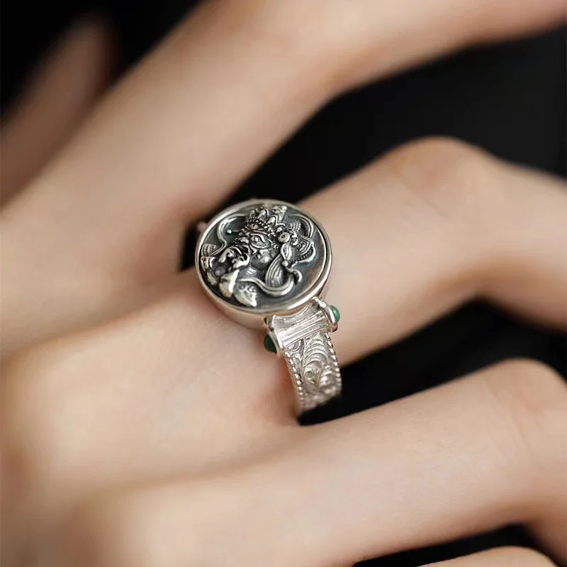 Blessing God of Wealth Zakirram Ring Women Jewelry Retro Relief Lines Flower Ring Adjustable Men Finger Accessories