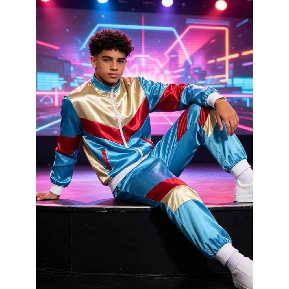 80s Retro Photo Shoot Tracksuit | Vintage Disco Jogger Set with Color Block Zip Jacket + Pants for 80s Themed Photoshoot