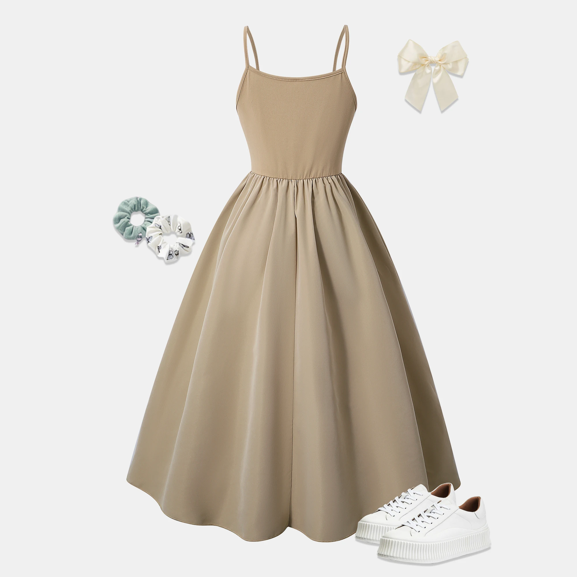 Khaki off-the-shoulder dress for 13-16 year olds, suitable for parties and college events, casual long dress for vacation