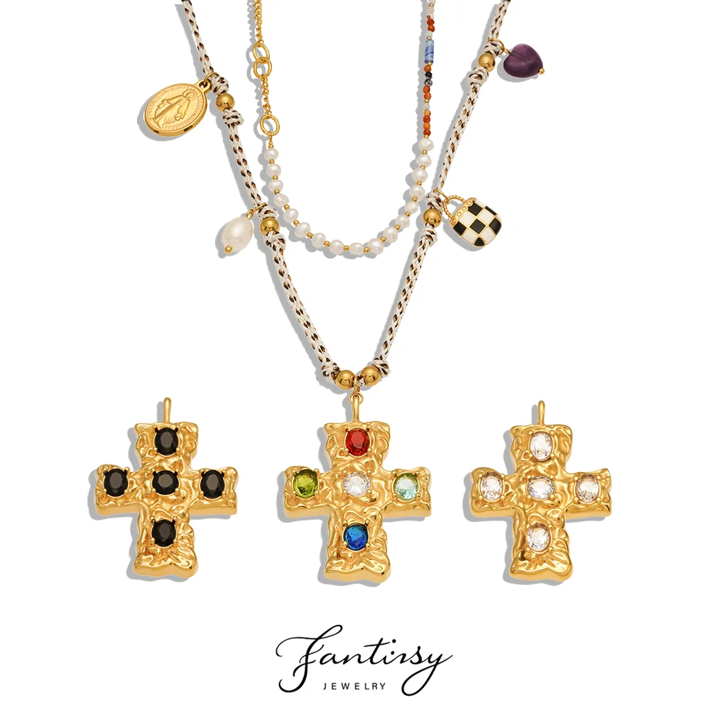 

Colorful Zircon 316 Stainless Steel Pendant Cross Necklace Women's Nylon Chain Natural Freshwater Pearl Necklace Vintage Jewelry