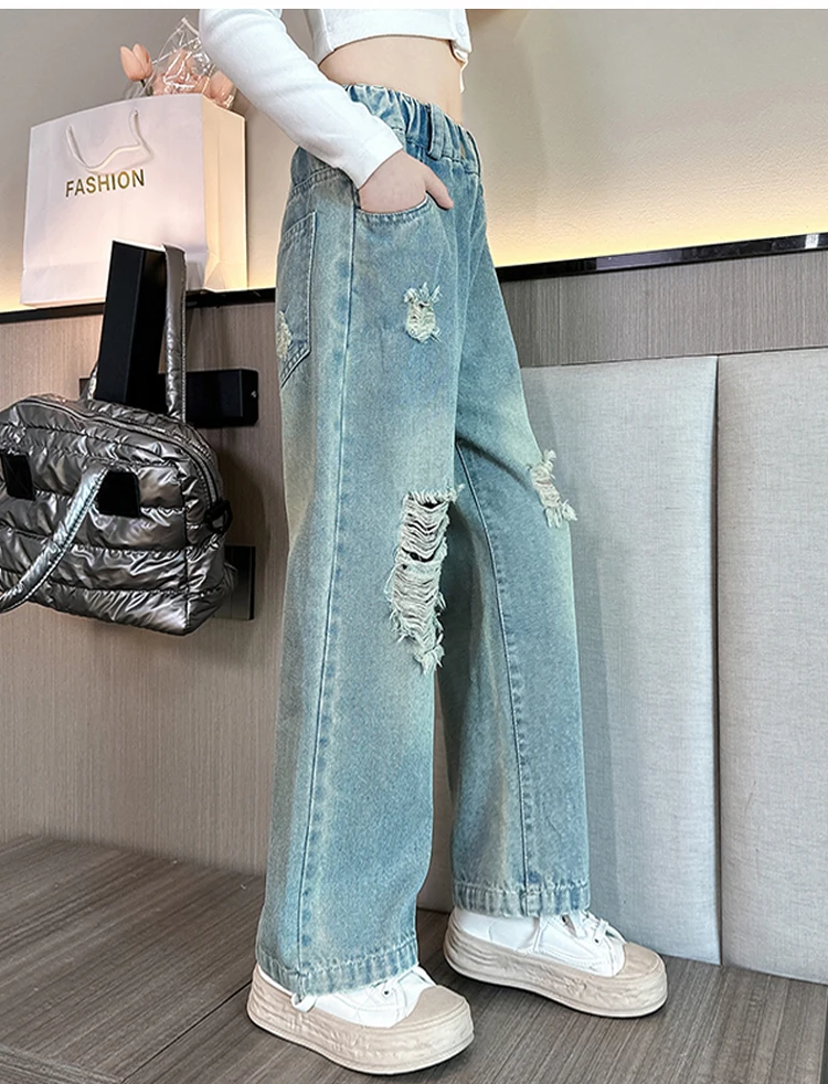 Cowgirl Ripped Jeans mit Löchern für Kinder Mädchen, lässiger Stil, zerrissene Denim-Hosen, Frühling Herbst Kinder High Street Kleidung 5 bis 14 Jahre – Detail 2