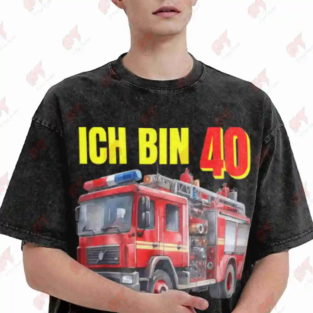 40th Birthday Fire Truck German 40 Vintage Washed Tee Pure Cotton T-Shirt