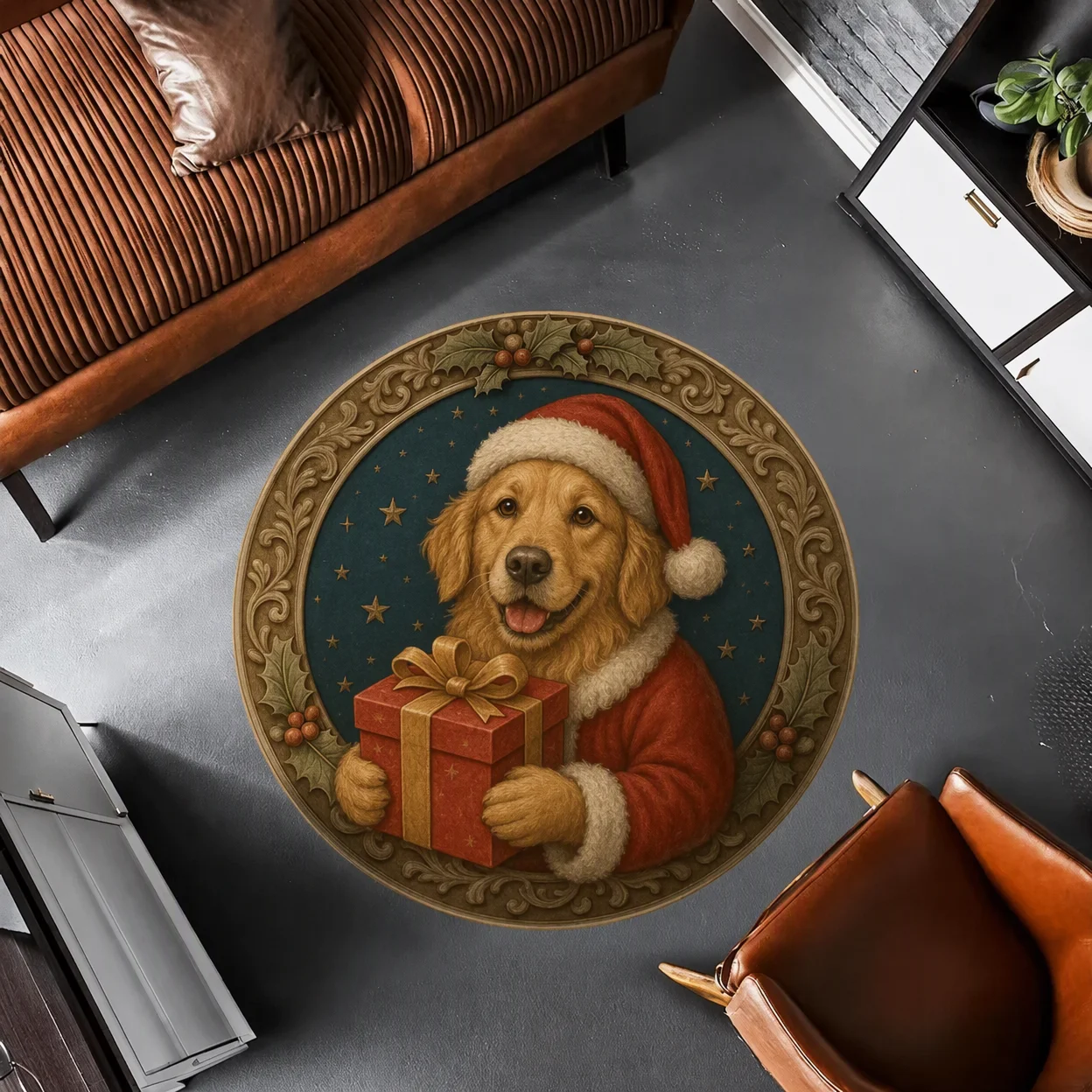 Round Area Rug Flannel Christmas Golden Retriever Dog Floor Mat for Living Room Bedroom New Year Gift Decor Circle Carpet