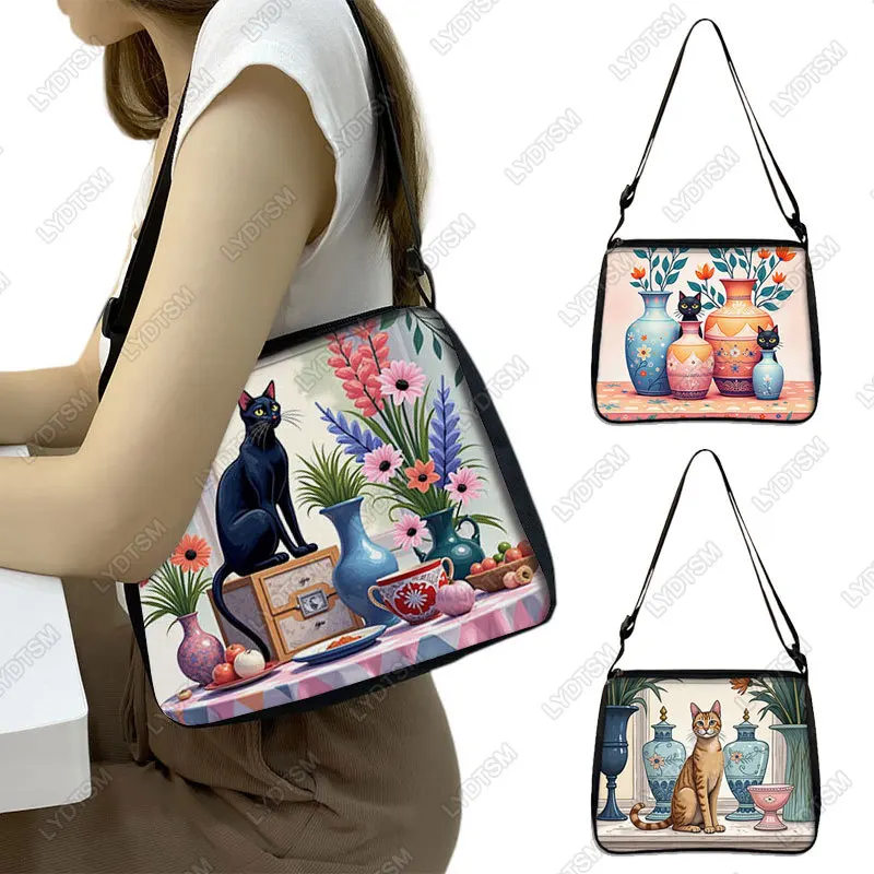 

Милый кот, стоящий на столе, сумки на плечо с узором для путешествий, ваза для цветов, женская сумка, сумки-мессенджеры, держатель для кошелька для телефона