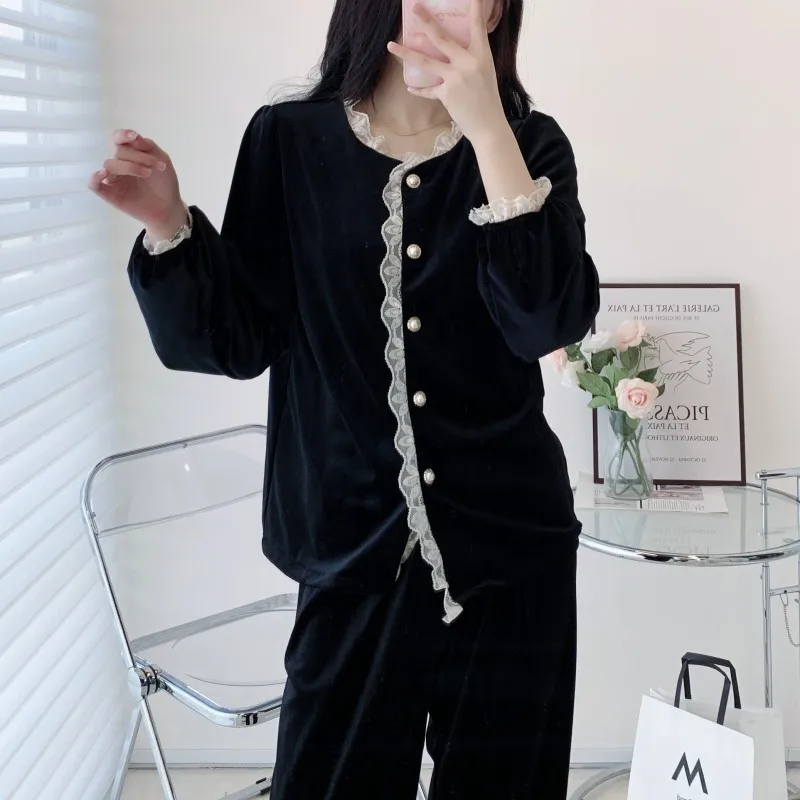 Female Velvet Pajamas Two Piece Set Autumn Winter Velour Sleepwear Long Sleeve Trouser Suits Elegant French Homewear Lounge Wear