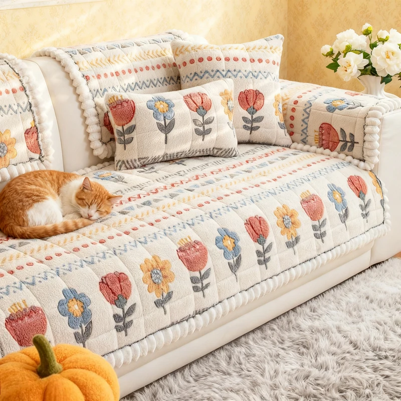 1PC Cartoon Plush Sofa Covers Winter Warm Couch Pad Mat Dust-proof Non-Slip Sofas Slipcover for Living Room Furniture Protector