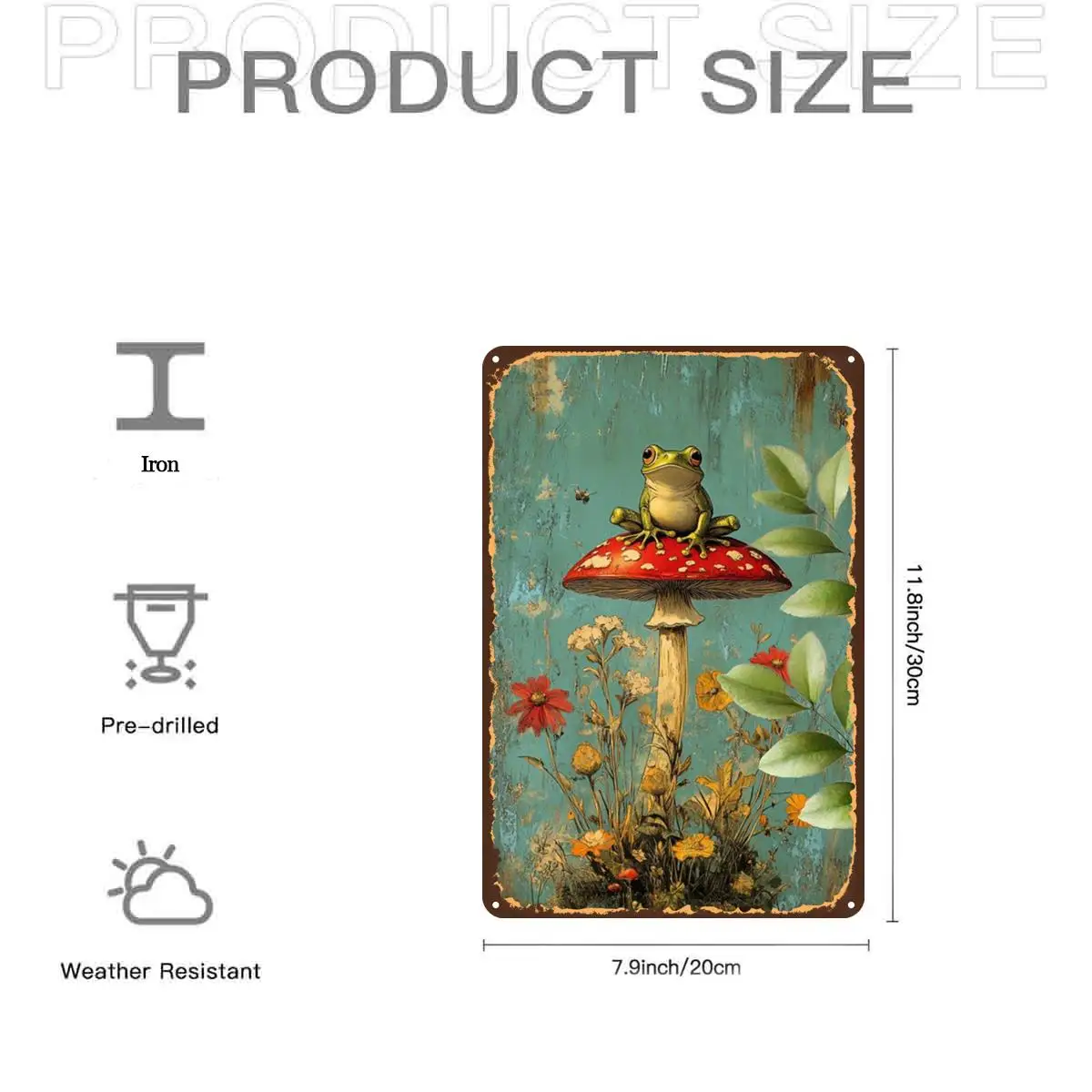 2D Flat,1pc, VintageFrog on Mushroom Vintage Art PrintMetal Tin Sign, Pre-Drilled Holes, Suitable for Indoor, Garden,Outdoor