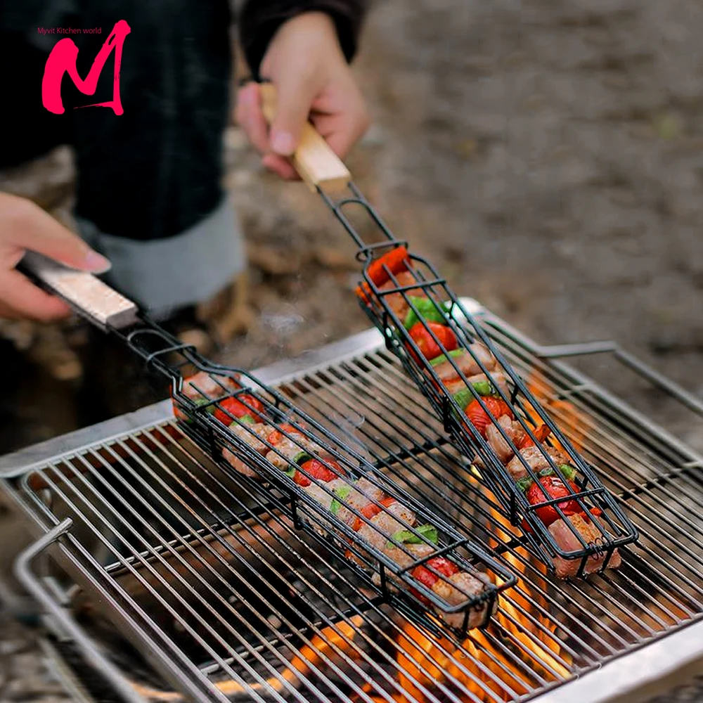 Portable BBQ Grilling Basket Stainless Steel Nonstick Barbecue Grill Basket Tools Grill Mesh for Meat Hamburger Barbecue Tools