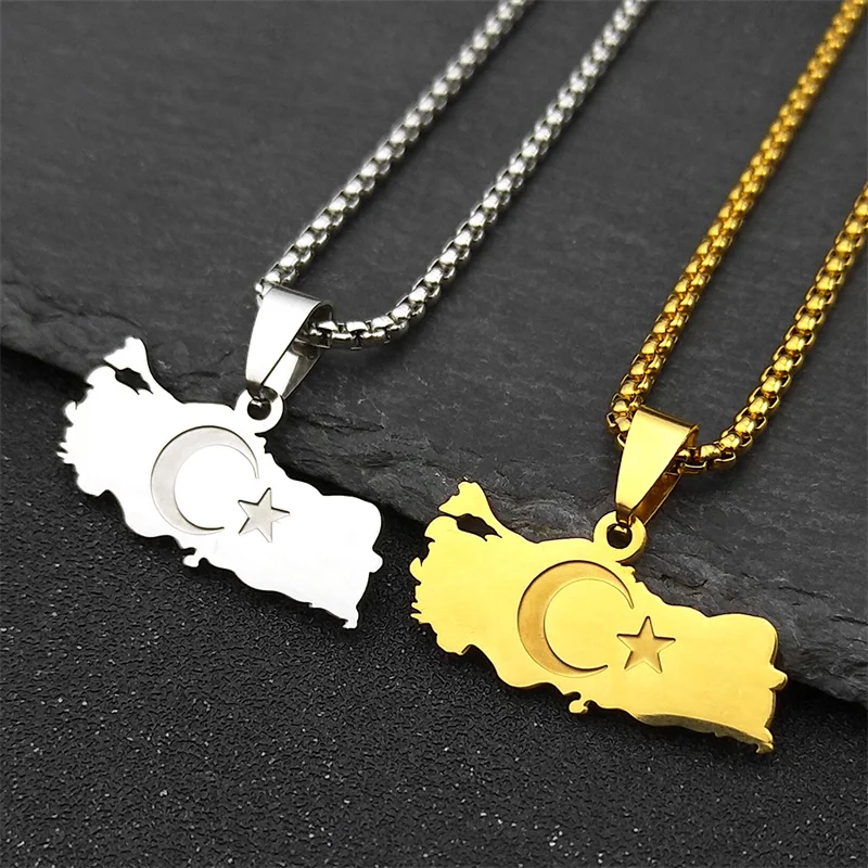 Turkey Map Flag Moon Star Necklace for Men Women Stainless Steel Gold Color Turkish Country National Geography Chain Jewelry view 5
