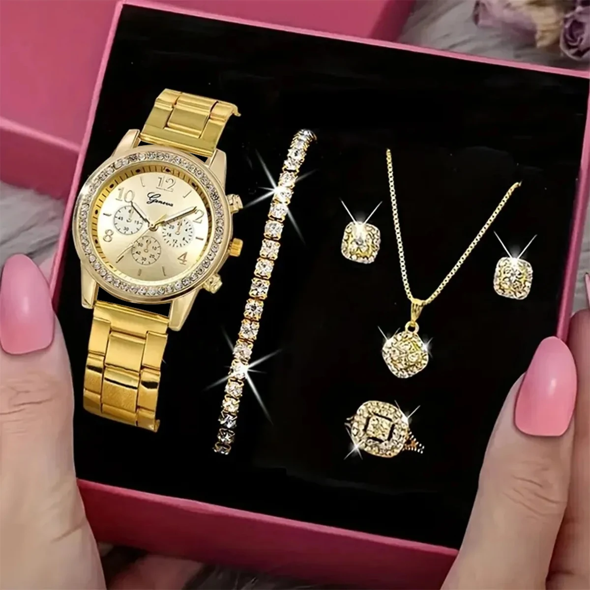 5 PCS Set Gold Watch Women Luxury Ring Necklace Earrings Rhinestone Fashion Wristwatch Female Casual Watches Bracelet Set