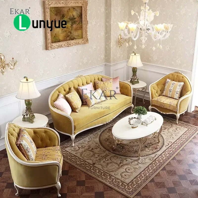 Beige Solid Wood Engraving Classical Coffee Table Set For Living Room Furniture Durable Elegant Home Decor Centerpiece
