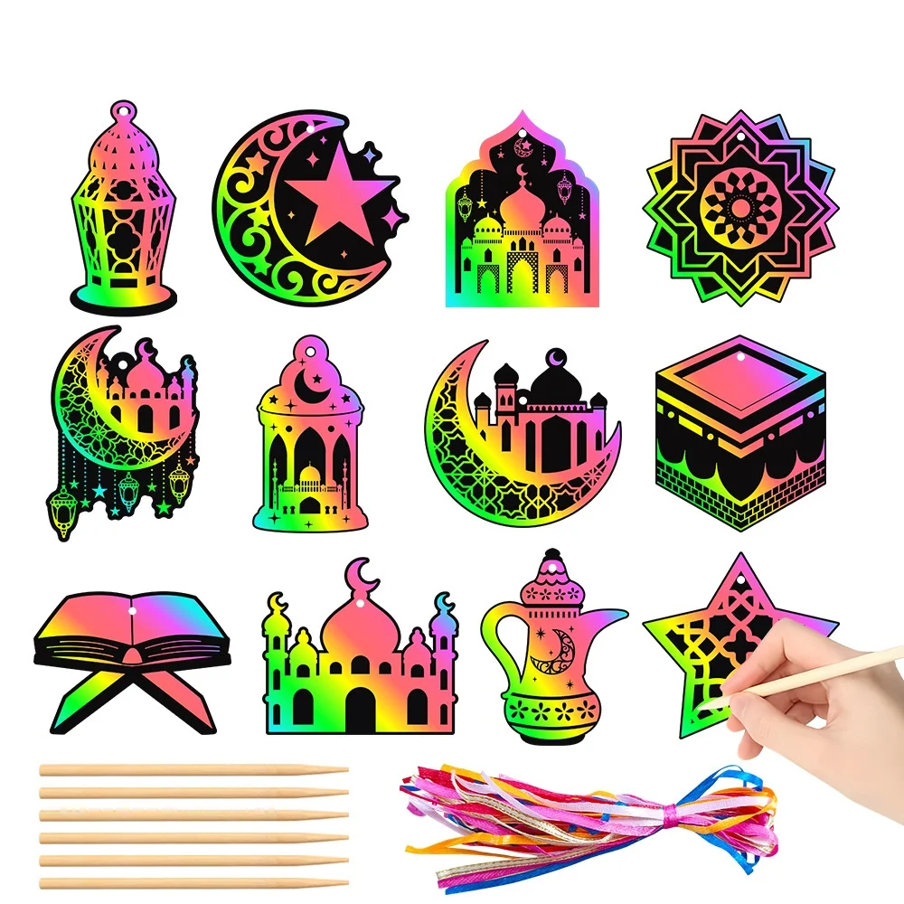 EID MUBARAK Scratch Painting DIY Scratch Card Moon Ornaments Xmas Tree Hanging Pendant EID MUBARAK Ramadan Decor