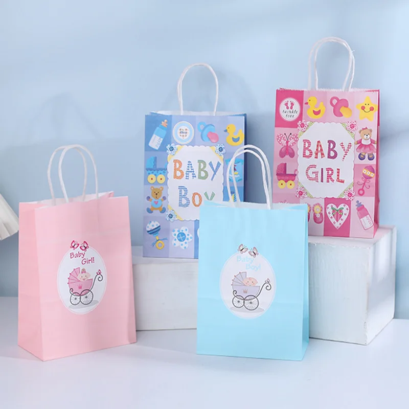 12Pcs Kraft Paper Cartoon Gift Bag With Handle Baby Carriage Portable Cute Gift Packaging Tote Bag Kid Birthday Party Decoration