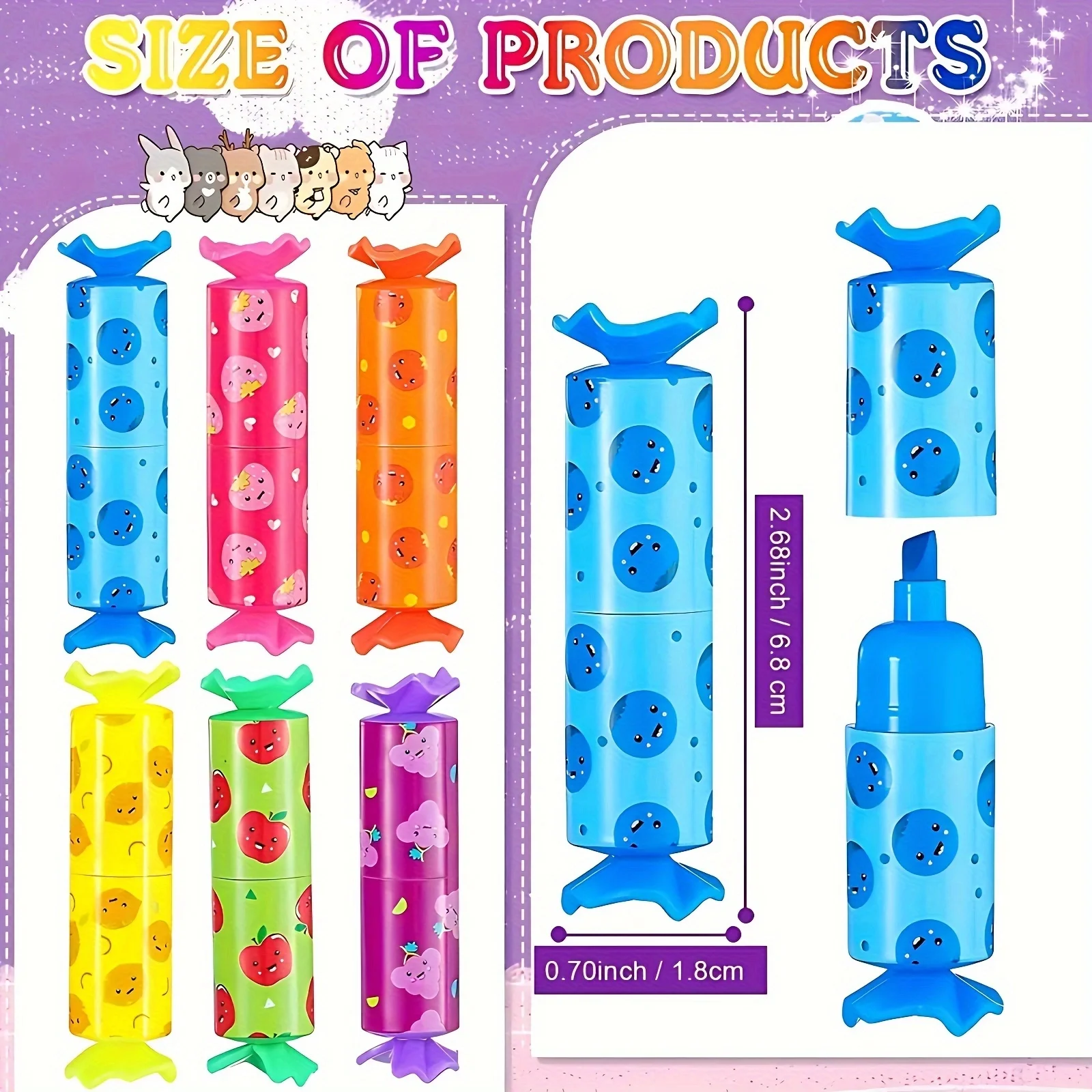 6 قطع من قلم تحديد الحلوى الباستيل الملون الصغير، قلم تحديد لطيف برأس إزميل، مذكرات ملصق لحفلات أعياد الميلاد