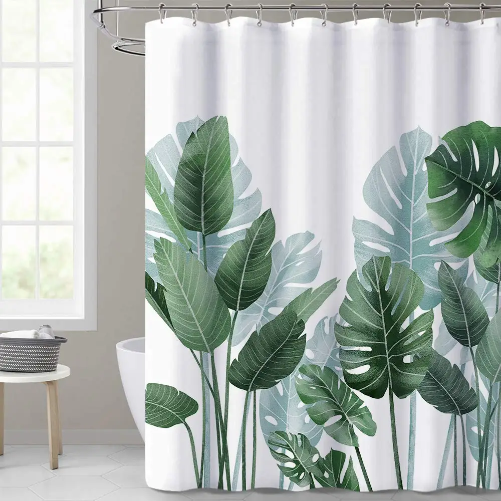 Cortinas de ducha sin olor para baño, decoración con ganchos, hojas verdes tropicales, planta sobre fondo blanco