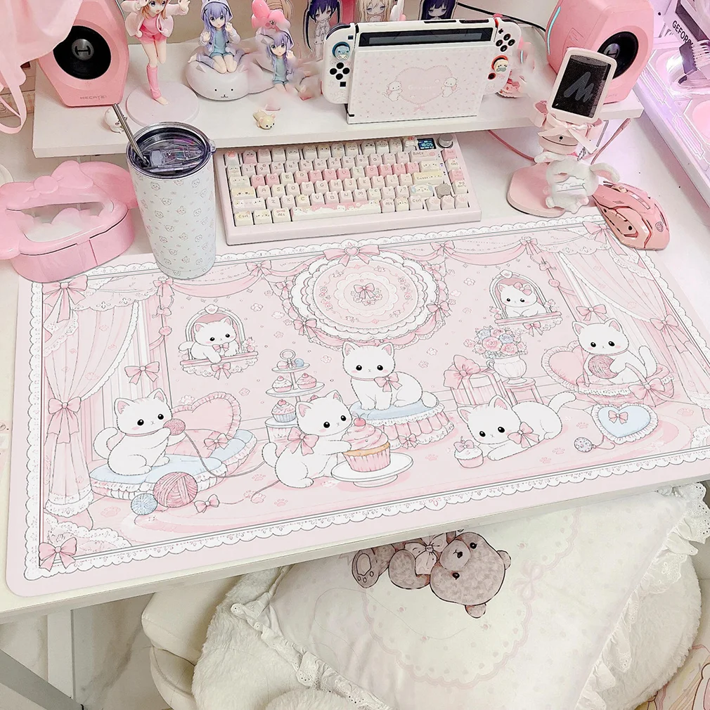 Leather Desk Pad Protector Pink Kitten Tea Time Cat Bow Cake ins Y2K Mouse Pad Office Desk Mat PU Desk Blotter keyboard Pads