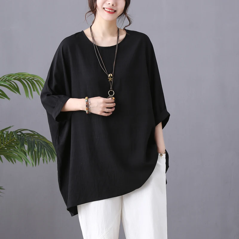 Plus Size Katoen Linnen Batwing Sve T-shirt Zomer Faion Buik Die Afslanken Top Koreaanse Sle Ronde Ne Mid-lengte