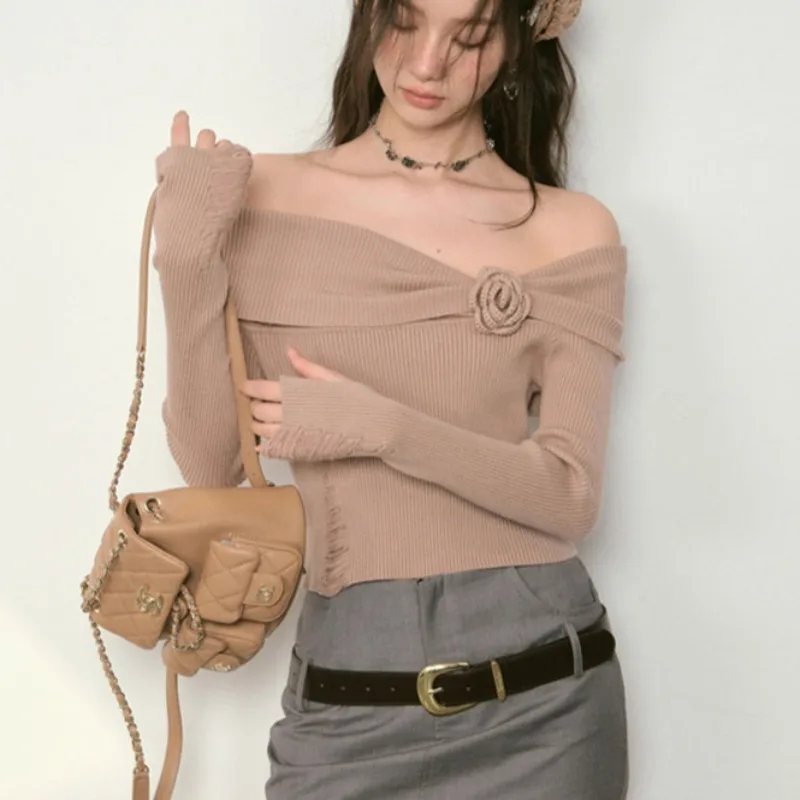 Knitted Pullovers Women Slash Neck Cropped Slim 3D Flower Sexy All-match Off Shoulder Korean Style Girls Design Tender Fashion