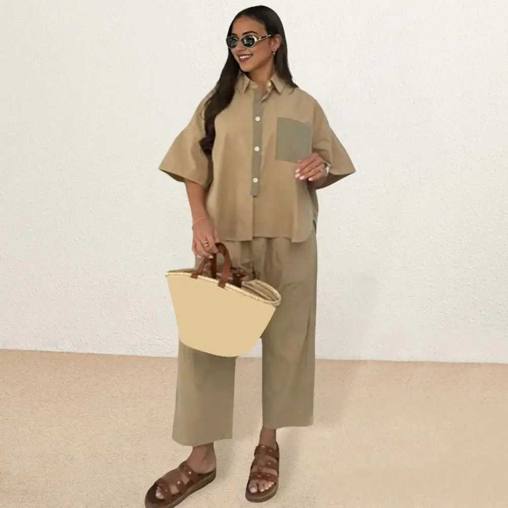 

Casual Women Suit Women's Casual Shirt Pants Set with Turn-down Collar Chest Pocket Wide Leg Loose Pants 2 Piece for Daily