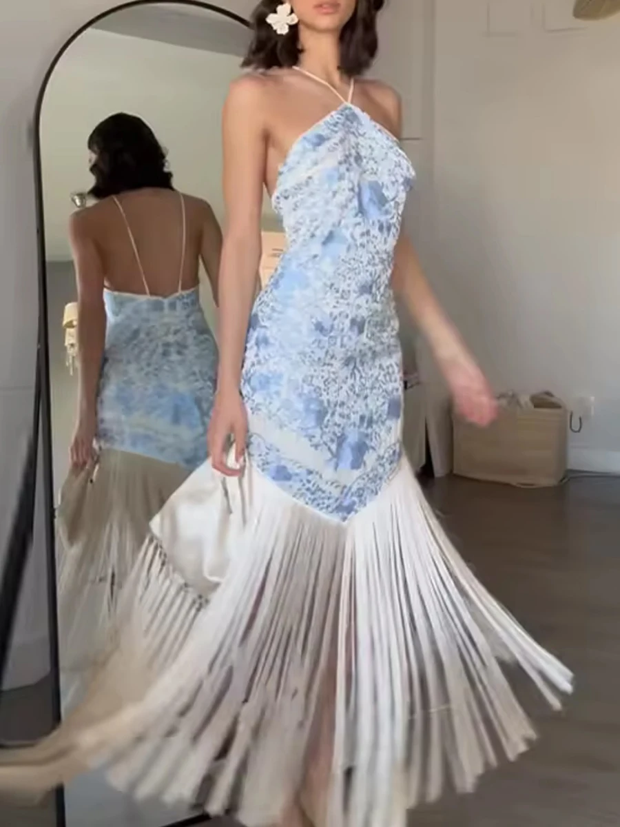 TWOTWINSTYLE Abiti con stampa floreale retrò francese per le donne Abito longuette con scollo all'americana senza maniche a vita alta con nappa impiombata