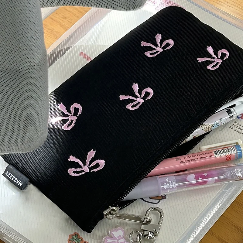 1PC Ins Style Simple Black Bow Pencil Case Large Capacity Pencil Storage Bag Cosmetic Bag Stationery Organizer School Supplies