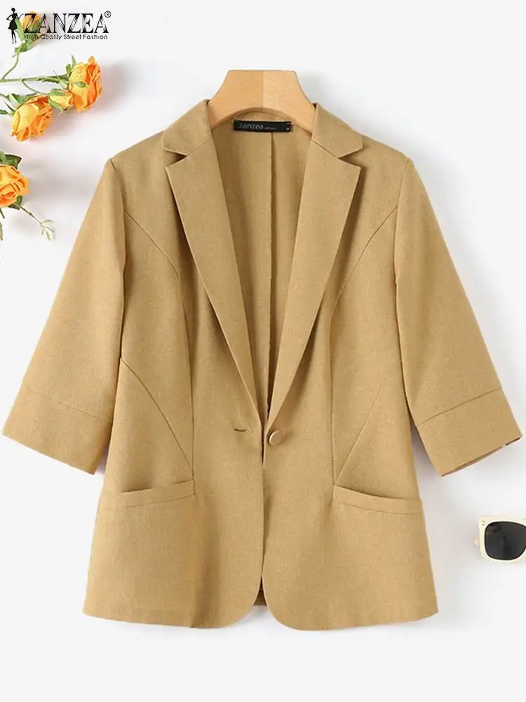 ZANZEA Elegant Summer OL Work Blazer Women Office Suits 3/4 Sleeve Lapel Neck Coats Thin Casual Solid Button Up Outwear Oversize