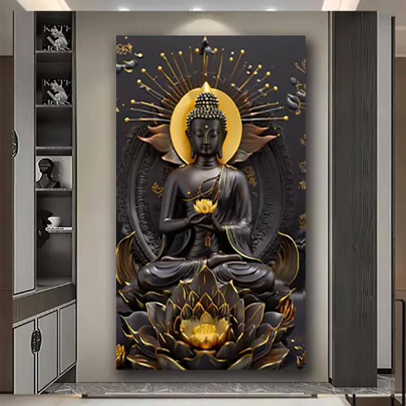 Amazing Black Golden lotus Buddha Diamond Art Kit For Adult,5D Diamond Painting Kits For Beginner,DIY Diamond Crystal Rhinestone