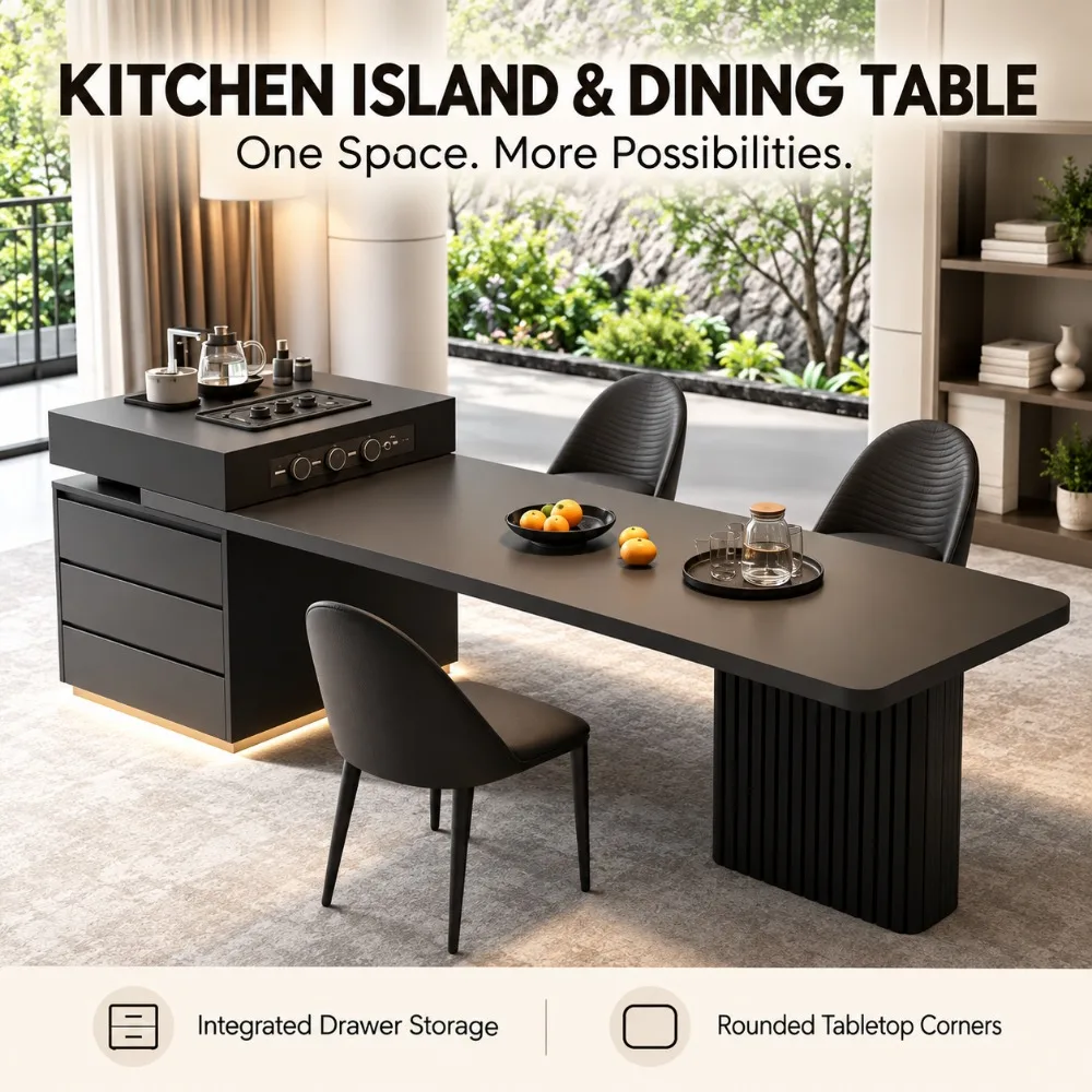 Solid Wood & Sintered Stone Kitchen Island Table, Multifunctional Tea Desk with Drawer Storage for Home Tea Room Furniture