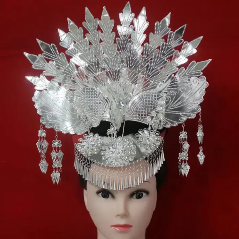 Chinese Miao Peacock Opening Headwear Women Sliver Hairpin Hmongb Dance Jewelry