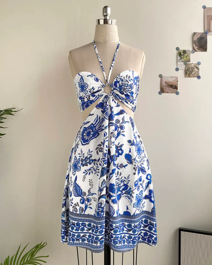 

Womens Dresses 2025 Summer Fashion Floral Print Halter Tied Detail Elastic Shirred Back Mini Dress Casual A Line Vacation Dress