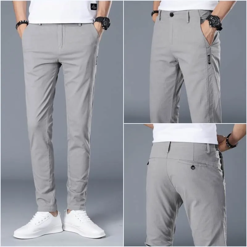 

Khaki Casual Cotton Chino Pants Men Straight Leg Long Trousers Summer Slim Fit mid Waist Youthful Sle Pure Color