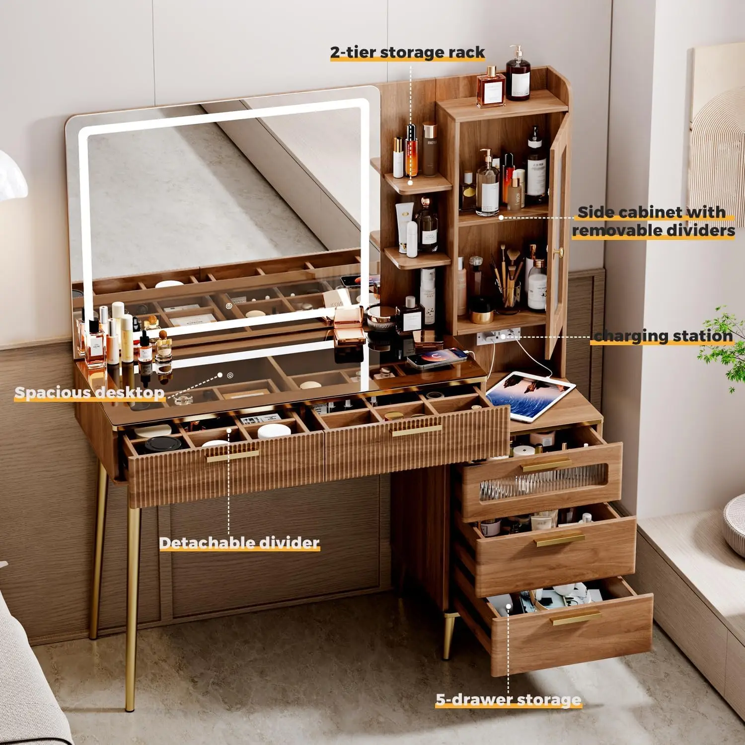 Bedroom Vanity Desk in Brown, Wood Material, with HD Lighted Mirror, 5 Drawers, Storage Shelves and Charging Station view 2