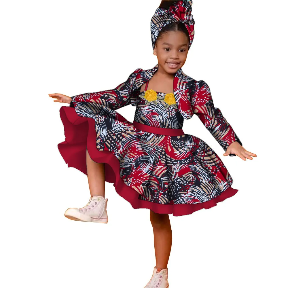 3pcs Set African Kids Gril Dashiki Dress Coat and Headtie Suits Africa Print Party Dresses Children Summer Clothes WYT723