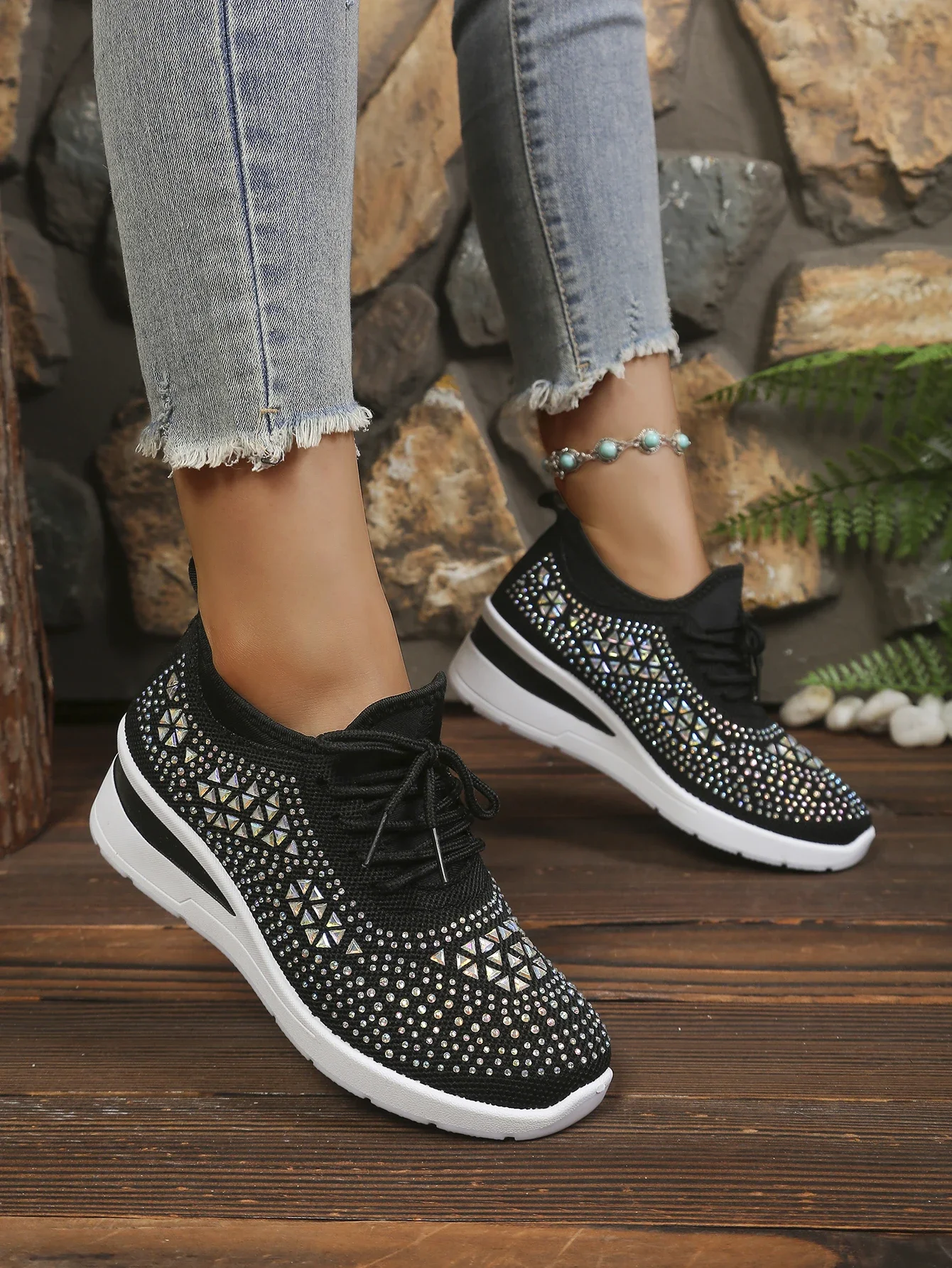 Damen Casual Walking Sneakers Atmungsaktives Mesh Geometrische Strass Versteckte Höhe Keilabsatz Plateau-Schuhe Kostenloser Versand Schuhe – Detail 21