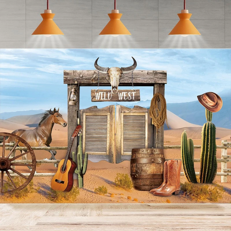 Photography Backdrop West Cowboy Desert Horse Rustic Wood Barn Cactus Boots Hat Country Nature Decor Background Party Banner