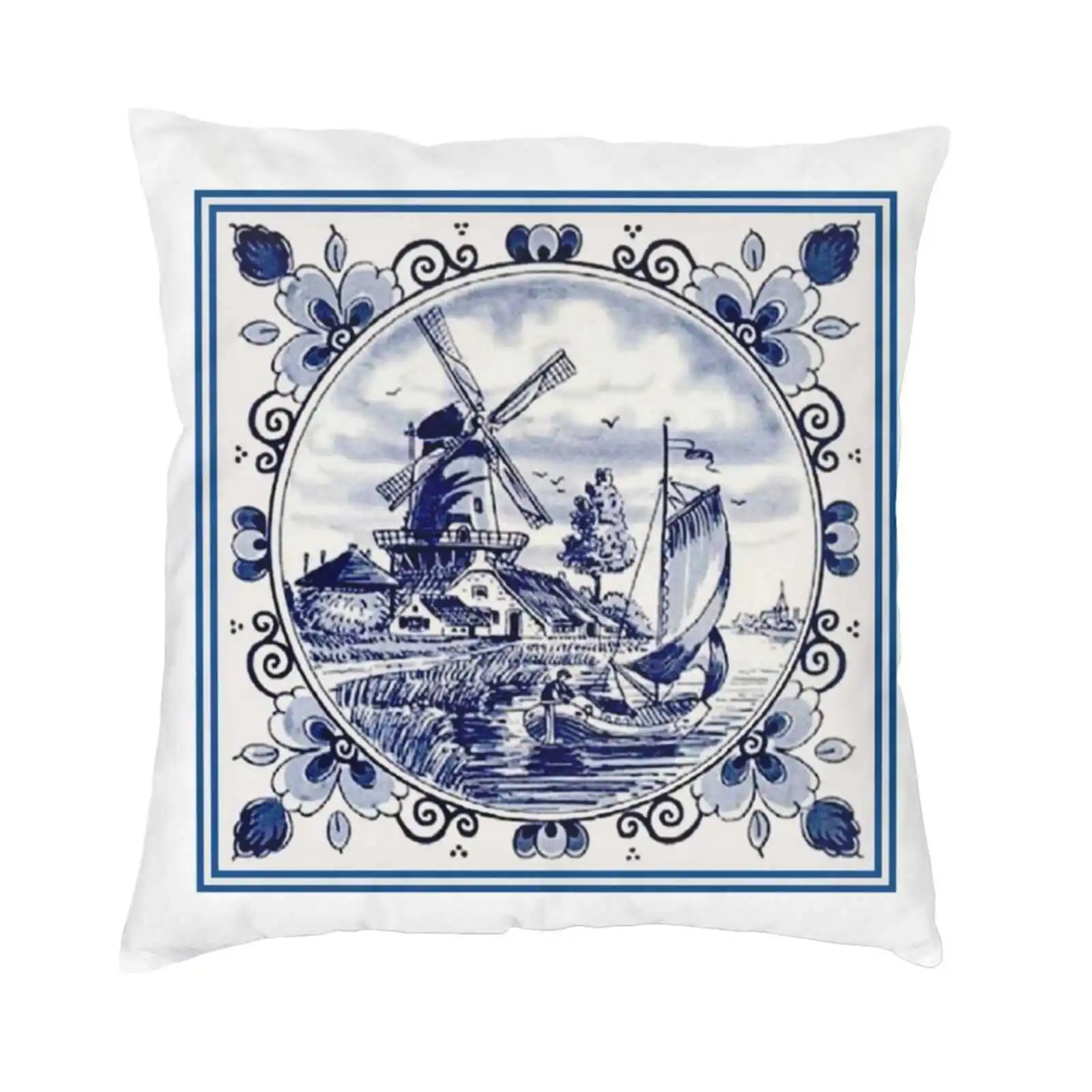 Dutch Blue Delft : Vintage Windmill Print Soft Comfortable Pillowslip Pillowcase Dutch Nederlands Netherlands Holland Blue