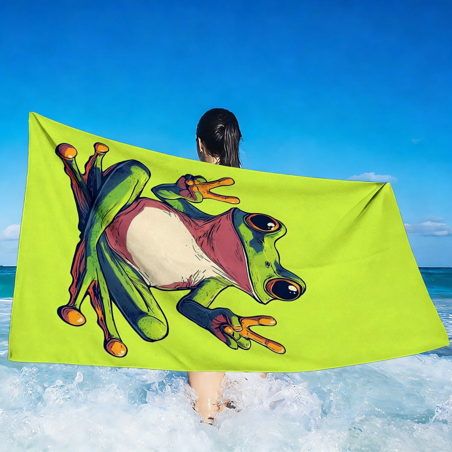 Cute Peace Sign Frog Beach Towel, Neon Green Cartoon Frog Print Oversized Bath Towel, Soft Quick Dry Summer Beach Blanket 1pcs