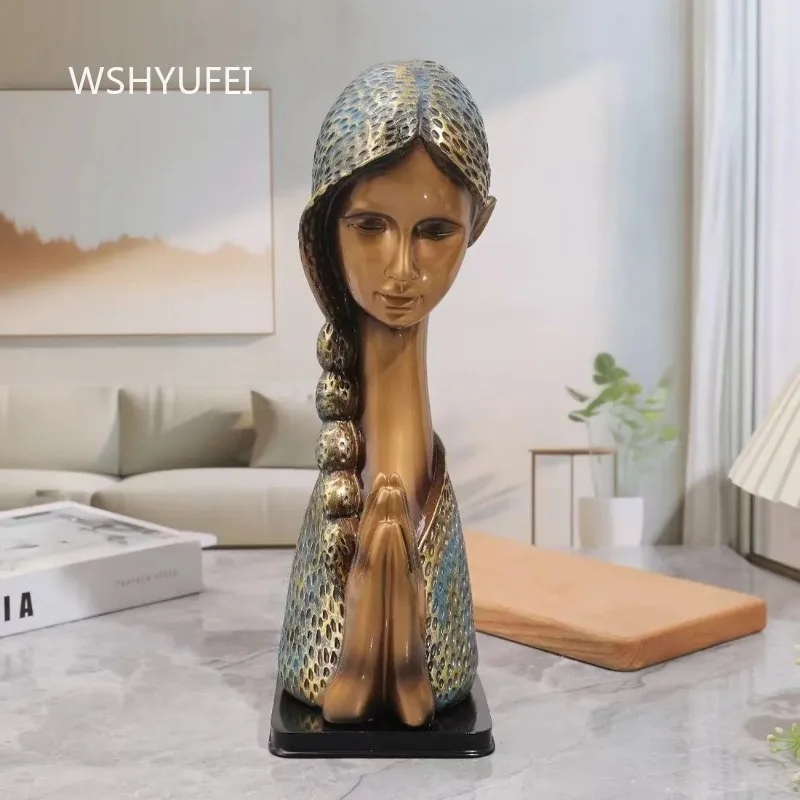 Resin Praying Girl Bust Statue Retro Textured Braided Hair Sculpture Ornament for Living Room Bedroom Home Tabletop Decoration