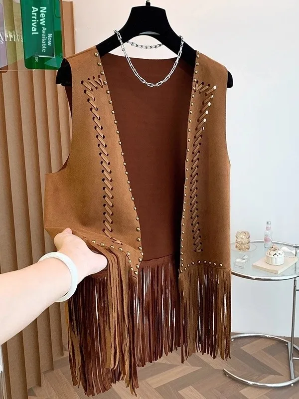 Large Size Suede Vest Women's Autumnal Tassel-Bottomed Buttonless Top with for Holiday Travel Fashion Ladies' Jacket