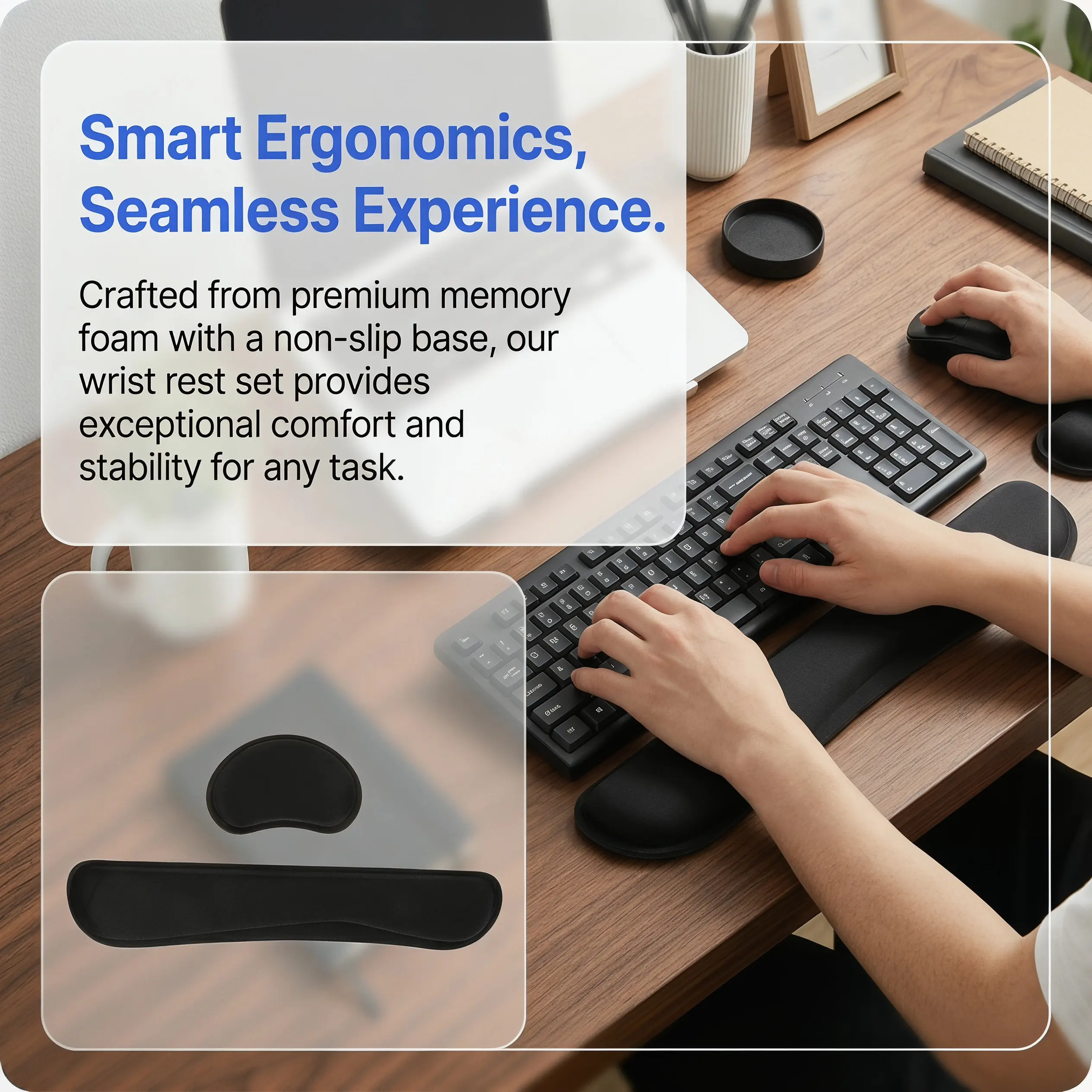 1Set Memory Foam Wrist Rest Set Comfortable Keyboard Mouse Support Pad Ergonomic Hand Cushion Wrist Protection for Computer and