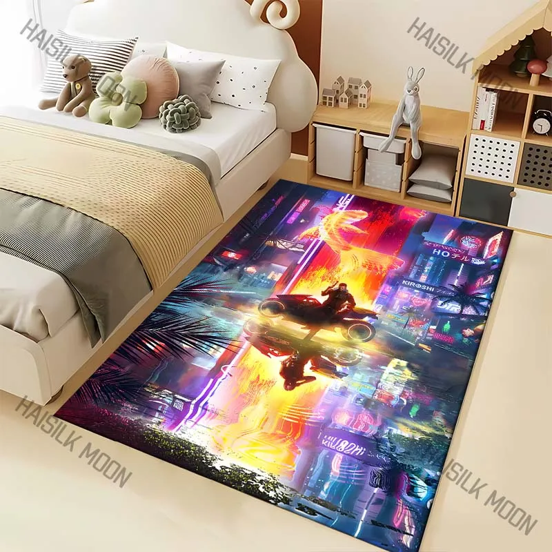 1 Stück futuristischer Stadt-Teppich mit Neonlichtern für Wohnzimmer, Schlafzimmer, Sofa, Heimdekoration, rutschfeste Bodenmatte, Luxus-Geschenk