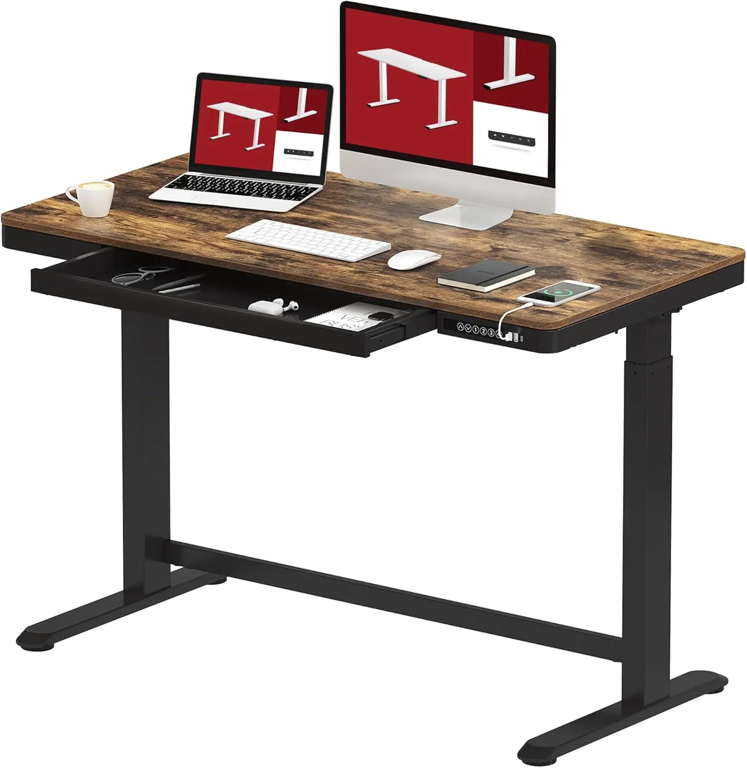 

Standing desk with drawers, electric height adjustable home desk with storage and USB ports, 48-inch rustic wood top