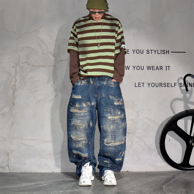 American Street Vibe Washed Distressed Ripped Wide Leg Straight Jeans Men, Trendy Loose Stacked Long Pants